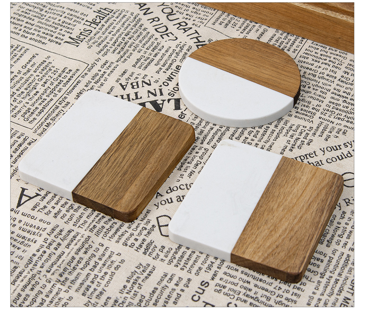 10cm Round Marble and Acacia Wood Coaster – Customizable Modern Drink Mat